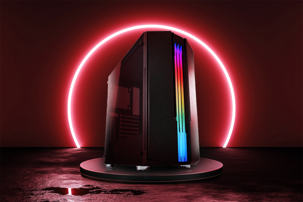 OZ-PC Gaming PC-Gehäuse 702B auf schwarzem Podest mit rotem Lichtkreis im Hintergrund