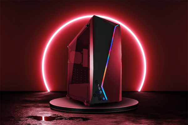 OZ-PC Gaming PC-Gehäuse 700B auf schwarzem Podest mit rotem Lichtkreis im Hintergrund