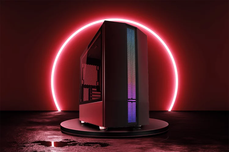 Gaming-PC mit rotem Hintergrund