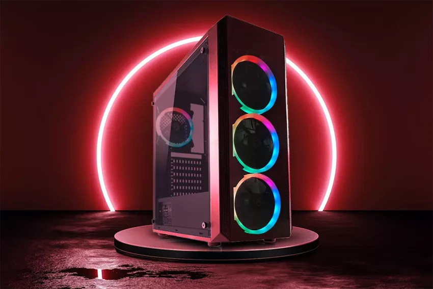 OZ-PC Gaming PC-Gehäuse 703B auf schwarzem Podest mit rotem Lichtkreis im Hintergrund