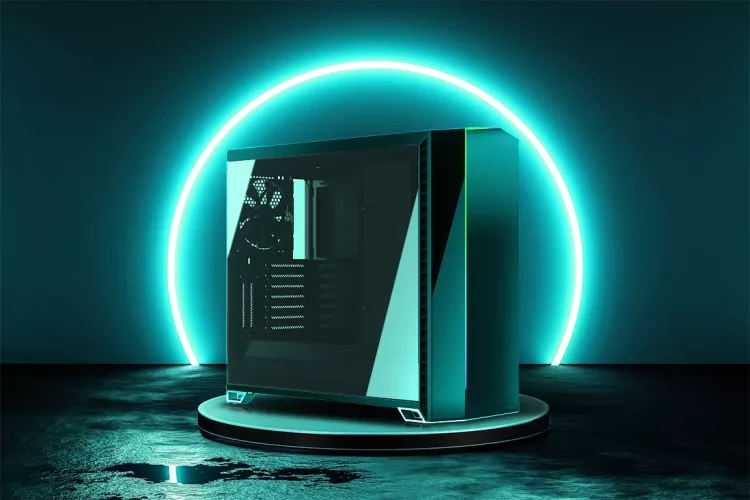 OZ-PC Gaming PC-Gehäuse Fractal Design Vector auf schwarzem Podest mit blauem Lichtkreis im Hintergrund