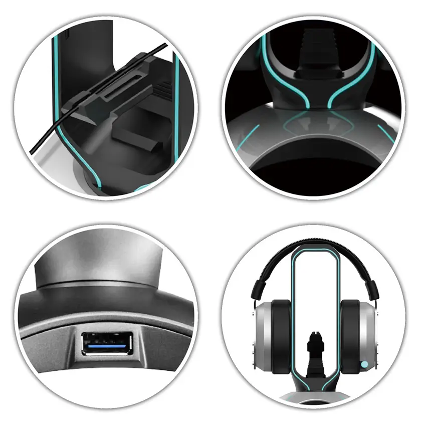 LC-Power Gaming Headset Ständer LC-HUB-HEAD-BUNGEE Übersicht der Funktionen (Mauskabelhalter, LED-Beleuchtung, USB-Hub, Headset Halterung)