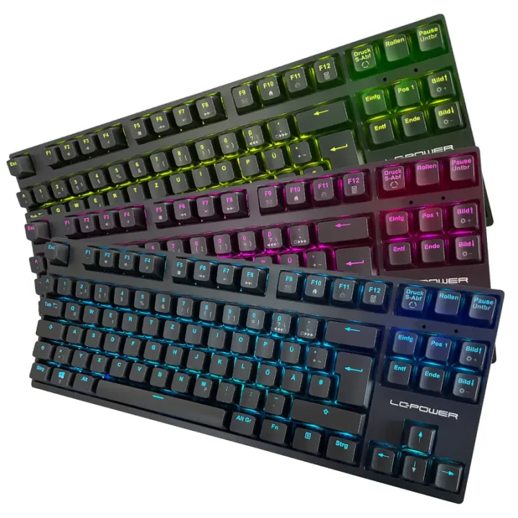 LC-Power Mechanische TKL Gaming Tastatur 3 Tastaturen übereinander mit blauer, linker und gelber Beleuchtung